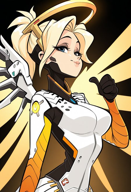 kricfalusistyle, masterpiece, best quality, solo,                                                                                                                               mercy from overwatch, blonde,  golden glowing halo, wings, side angle, mascara, bust, armor, thumbs up, 