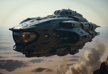 top down panoramic view, intricate details, realistic textures, highest details, ultra hyper realism and panoramic view. a highly professional cinematic film photograph. in the style of science fiction movies like Prometheus or Dune. Aerial view of a large, futuristic spaceship with intricate details and a dark, metallic exterior, floating in space. The ship has a sleek, aerodynamic design with multiple levels. planetary orbit, foreign planet. The background features a vast expanse of space. The lighting is soft and diffused, creating a serene atmosphere. High quality.