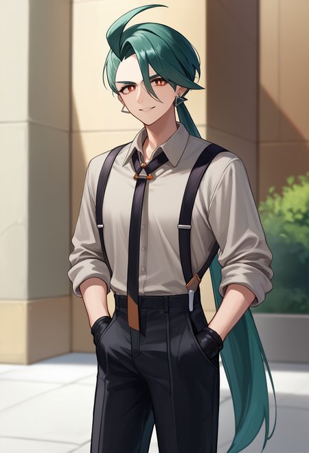 score_9, score_8_up, score_7_up, source_anime, solo, 1girl, pokemonr1ka, smile, looking at viewer, standing, hands in pockets, ahoge, ponytail, white pupils, grey shirt, collared shirt, black necktie, suspenders, sleeves rolled up, black gloves, black pants, earrings, outdoors <lora:pokemon_rika_ponyXL:1>