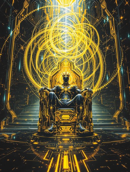 A futuristic royal throne room, neon fractals swirling around a crowned techno-king, golden cybernetics and shimmering glitch patterns, brushstroke meets pixel art, dark sci-fi fantasy atmosphere