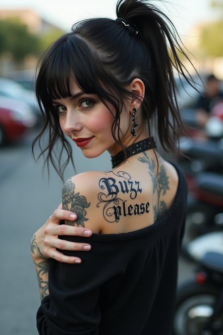 Cute slender emo with very intricate gothic style tatoo that says "buzz please" on her shoulders. View from back. off shoulder shirt. wind-swept shoulder-length dark hair tied in a pony blowing across her face. multiple ear piercings. She is turning back and looking at the camera and smiling. Pale marble like skin with freckles. Intricate tatoos on arms and back. eyeliner and mascara. Bokeh background parking lot with bikes and bikers. hands close to her chest.