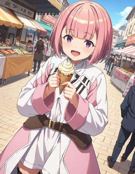 score_9, score_8_up, score_7_up, source_anime, BREAK
1girl, solo, looking at viewer, outdoors, sky, sun, market, isekai, crowd, day, eating crepe, happy, open mouth, villagers, thumbs up,
short hair, pink hair, bob cut, blunt bangs, purple eyes,
white dress, pink coat, long sleeves, wide sleeves, belt, brown thighhighs, cowboy shot, dutch angle, ^_^,
lululi ashford (girumasu),
<lora:lululi_ashford-girumasu_s1-pxl-anime-soralz:1>