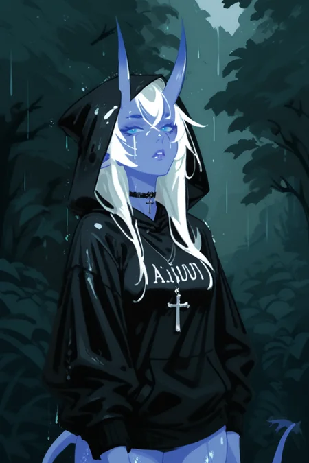 1girl, blue skin, hood, horns, colored skin, solo,  hoodie, white hair, bird, long hair, blue eyes, clothes writing, scar, outdoors, hood up, black hoodie, tail, jewelry, wet, choker, parted lips, virtual youtuber, cross, scar on face, tattoo, looking at viewer, long sleeves, oni, necklace, rain, breasts, cowboy shot, arms at sides, zPDXL3,  PnyCmicXLPOS, detailxl,  (lineless, vector art:1.5)