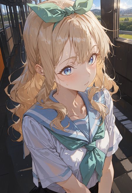 perfect quality,high quality,masterpiece,absolutely eye-catching,ambient occlusion,raytracing,best quality,amazing quality,very aesthetic,absurdres,newest,
vanishing point,portrait,looking_at_viewer,Eyebrow furrow,
yoshikawa yuuko, hibike! euphonium, 1girl, green eyes, long hair, brown hair, blonde hair, hair ribbon, hair bow,,on_back,v_arms,In the Jazz club,
<lora:HG2512 by CYQL:0.9>,HG2512,<lora:spo_sdxl_10ep_4k-data_lora_webui:0.7>,<lora:96YOTTEA-WAI:0.5>,<lora:EtherSDXL:0.5>,EtherStyle,