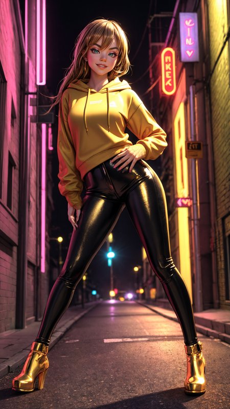sydsweeney97, 3d background, 
3D, extremely detailed, urban girl, leaning against wall, smirking, long brown hair with subtle highlights, golden hoodie, black leather pants with intricate gold lining, neon-lit alley, city night scene, soft glowing lights, perfect body proportions, detailed hands, vibrant colors
 <lora:add_detail:0.4>