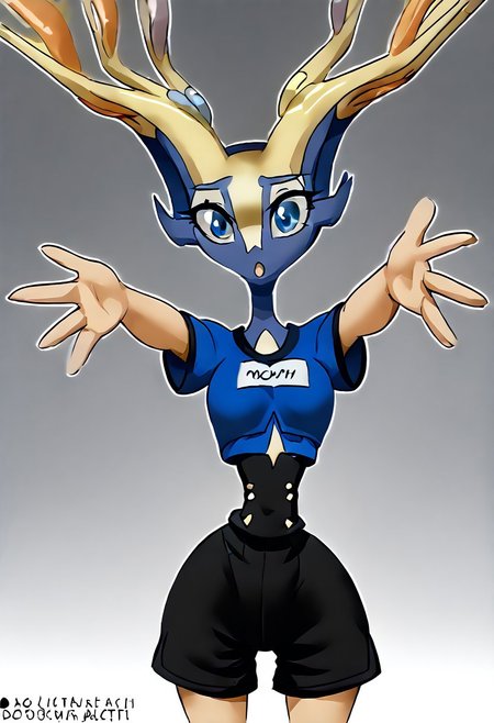 Xerneas, sl1m_th1g4p, ((((((hourglass waist, small waist)))))), (HI, reaching towards viewer), cropped white t-shirt, shorts, :o, open mouth