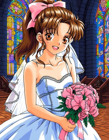 score_9, score_8_up, score_7_up, source_anime, rating_explicit, BREAK   <lora:Nut_Berry_girl_XL:0.9> Nut_Berry_girl, brown hair, brown eyes, ponytail, small breasts, long hair, pink bow, smile, open mouth,
1girl, wedding dress, church, flower, bouquet, church, Stained glass,holylight,
smile,
looking at viewer, 
cowboy_Shot,