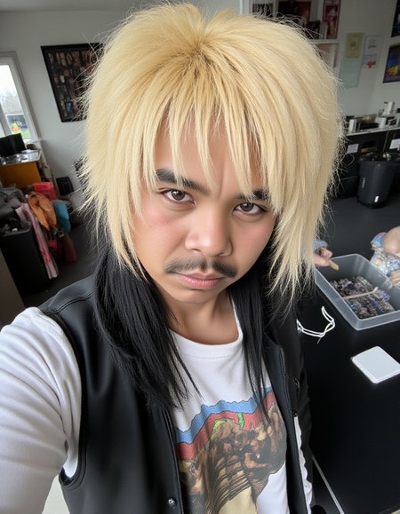 <lora:c8f046bd1da44b88b8421bde1b8acb1f_lora:1> Darkn3ss  <lora:sc3neg1rl:0.75>
a man dressed as a emo girl with edgy look smiles for the camera, big blonde and black hair. he's in hell  <lora:aeshteticv5:0.75> aesthetic_pos3, dynamic_pos3