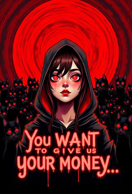 large red glowing text that says: "You want to give us your money...", aidmatextimprover, Drawing, pop art, sketch, retro horror movie,
cute anime woman, hood, spiral eyes, large spiral, crowd of black cats on the background, occult, hypnosis,