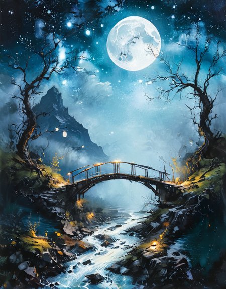 (masterpiece), (best quality), (ultra-detailed), A painting of mountain with a bridge and a river at night with galaxy and a full moon in the sky, fantasy art <lora:MoreArtFull_v1:0.8> <lora:Desolation:0.8>, illustration, perfect composition, intricate details, detailed background