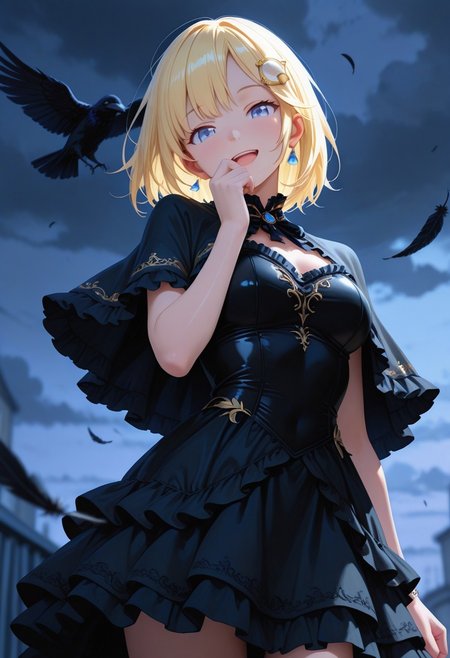 ultra realistic, masterpiece, high detailed skin, best quality, high res, very aesthetic, anime style, studio anime, source_ecchi, anime,blurry background, bright colors, stunningly artwork,(finely detailed face),
 (blurry background, depth of field:1.1), 
((Hololive,virtual youtuber, Amelia watson)),,
((sfw:2.0)), ((athletic figures)),(detailed face and eyes), (dramatic lighting), (glossy skin: 1.2), luxurious, night,(black dress, capelet, jewelry, falling feathers, crow, cloudy sky, smile, open mouth, head tilt, cowboy shot, from below, looking at viewer, frills, layered dress, dark clouds, hand to own mouth, standing)