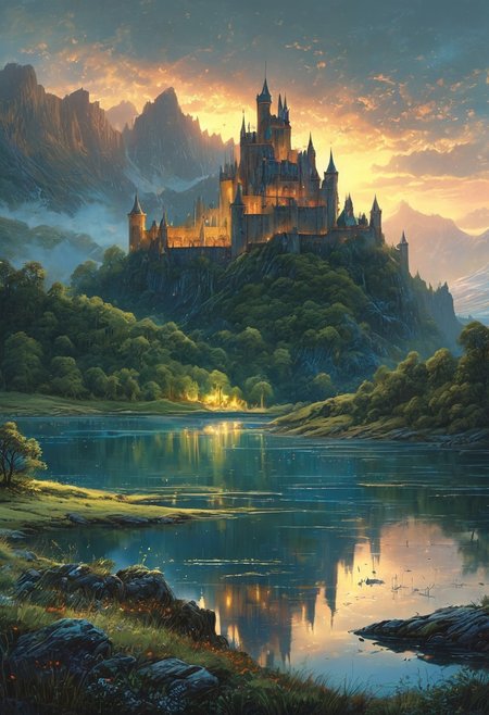 (by Ellen Jewett:1.5), (Bioluminescent Impressionism,) A captivating night scene illustration featuring a beautiful castle on a large  hill overlooking a lake in the highlands of Scotland. The castle is ancient but well maintained and updated and comfortable to live in.  This enchanting artwork captures a serene and peaceful early morning, where the sun is just starting to rise over the beautiful highlands and castle which   stands resolute amidst highlands, creating a cinematic experience., illustration, cinematic
<lora:DonM3t3rn1tyXL-v1.1:0.7>, DonM3t3rn1tyXL,
OverallDetailXL  <lora:MJ52:0.3>  <lora:SDXLFaeTastic2400:0.4>  <lora:EpicF4nta5yXL:0.7><lora:add-detail-xl:1> <lora:RMSDXL_Creative:2>*Channel_42* ral-wlfnte, PEAnimeBG, scenery
