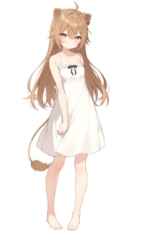 1girl, sensitive, solo, long hair, looking at viewer, simple background, brown hair, white background, dress, animal ears, hair between eyes, standing, tail, full body, yellow eyes, ahoge, sleeveless, barefoot, virtual youtuber, white dress, sleeveless dress, sundress, lion ears, lion tail, lion girl