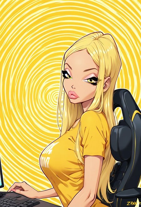 score_9, score_8_up, score_7_up, BREAK, 1girls, Zfive, standing, posing, gaming mouse, sexy soft yellow short t-shirt, gaming computer, gaming chair, monitor, upper body focus, (looking at viewer), gamer, bimbo, (yellow neon background:1.2), bored face, tired face, (noise reduction panels:1.2),
stella, yellow hair, mature lady, long hair,  yellow eyes, BREAK, 
detailed face, room background,