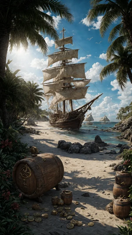 (illustration:1.2), (beautiful caribbean beach pirate landscape), fantasy, sharp focus, (ultradetailed), (ship galleon:1.2), pirate (village), leafy beach coast, (treasure chest with coins, gems and jewels, rum barrel, best quality masterpiece, bright sunny sky, backlight, natural lights, high contrast, hdr, shadows, pretty, beautiful, (PirateDiffusionprt:0.5), <lora:Pirate:0.3> PrateT <lora:PirateRealms:0.3> <lora:Detail Tweaker LoRA add_detail:0.7> <lora:depth_of_field_slider_v1:5> <lora:SDXLrender_v2.0:0.8>