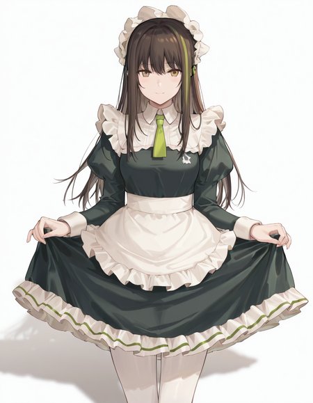 Volumetric Lighting, (masterpiece), (best quality), (ultra-detailed), masterpiece, source_anime, score_9, score_8_up, score_7_up BREAK, illustration, disheveled hair, detailed eyes, perfect composition, moist skin, intricate details BREAK, M4A1, long hair, black hair, streaked hair, green hair, golden eyes BREAK, M4cafe, cfe_pantyhose, white pantyhose, cfe_necktie, cfe_headdress, cfe_apron, cfe_maid_dress,frilled dress,BREAK, ((white background)), smile,standing,shadow, skirt lift, lifted by self