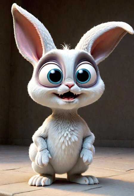 3d,art by pixar,cartoon, a fleshmutant cute white bunny with huge eyes and huge ears