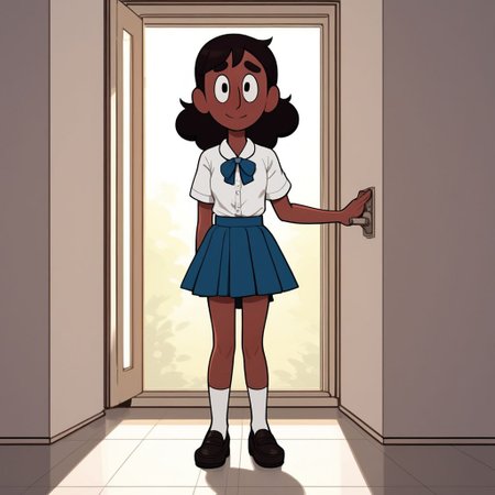 connie_maheswaran, score_9, score_8_up, score_7_up, score_6_up, score_5_up, score_4_up, BREAK, source_anime, full body, indoors, school uniform, small breasts, upskirt, no panties, vagina, smile, white button up shirt, blue skirt