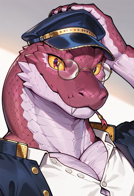photorealism, photorealistic, chromatic aberration, depth of field, blurry background, detailed scales,   looking at viewer, dutch angle,  yig_tas, legless, snake, serpentine, anthro, clothing, solo, male, furry male, furry, 1boy, tokyo afterschool summoners, bara, eyewear, colored sclera, scalie, scales, muscular male, hi res, topwear, muscular, headwear, glasses, clothed, red scales, bottomless, white shirt, jewelry, yellow sclera,   (syuro:0.8), (nomax:0.5), (honovy:0.6), (kenket:0.6), (taran fiddler:0.6), masterpiece, best quality, amazing quality, very aesthetic, absurdres, newest,   <lora:Yig_Tokyo_Afterschool_Summoners_Illustrious:1.0:1.0>,  (headshot portrait, after frame focus, looking aside, hand on head, evil:1.15),