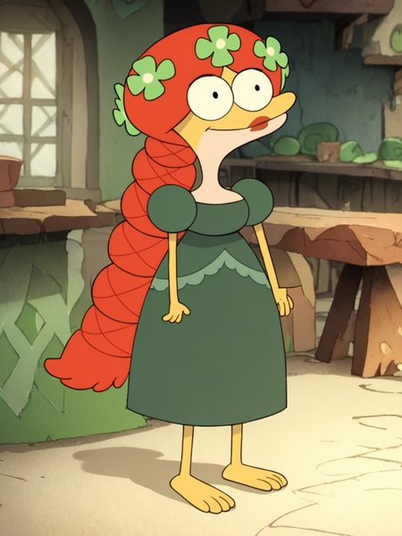 score_9, score_8_up, score_7_up,  score_6_up, BREAK, FeliSundew, 1girl, solo, dress, four-leaf clover hair ornament, long hair, green dress, lipstick, braid, red hair, barefoot <lora:Felicia_Sundew:1>