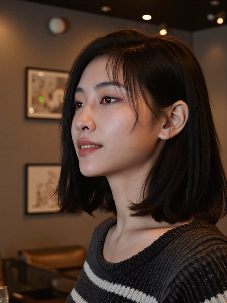 This is a high-resolution photograph featuring a young Asian woman with fair skin and shoulder-length, straight black hair. She is captured in a side profile, facing left, showcasing her delicate facial features, including a small nose and full lips. Her expression is contemplative, with a slight smile. She wears a black and white striped, textured sweater that adds a cozy, autumnal feel to the image. The lighting is soft and warm, emanating from recessed ceiling lights, which create a gentle glow on her face and emphasize her smooth skin. 

In the background, the setting appears to be an indoor space with a modern, minimalist design. The walls are a muted brown, and there are framed artworks on the wall, slightly out of focus, which adds depth to the composition. The image follows the rule of thirds, with the woman positioned on the right third of the frame, leading lines created by the wall and ceiling lights guiding the viewer's eye towards her. The overall composition is balanced and aesthetically pleasing, with a focus on natural beauty and serene ambiance.