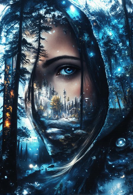 aidmaMJ6.1, darkcore, Jeddblexpsre,double exposure, ethereal. A close-up shot of a breathtaking young womanâs face, where her facial features are softly blended with an ethereal overlay of a misty winter forest . Her piercing blue eyes and delicate skin textures are visible through the translucent silhouette of the forest, creating a dreamy, surreal double exposure effect. The icy crystals on the hood of her light blue medieval cloak merge harmoniously with the natural elements. The soft lighting highlights both the woman and the superimposed scene, while shadows and highlights enhance the depth, giving the composition a balanced, thought-provoking appearance., <lora:FluxDFaeTasticDetails.safetensors:1.0:1.0> <lora:aidmaMJ6.1-FLUX-V0.2.safetensors:1.0:1.0> <lora:Flux DoubleExposure_epoch_1.safetensors:1.0:1.0> <lora:NebulaNexus_v1.safetensors:0.7000000000000001:0.7000000000000001>