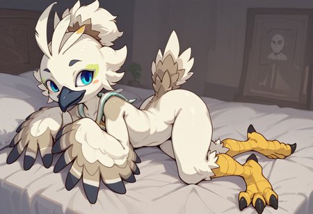 2boys, Tulin, furry, avian furry, white feathers, feathers, blue eyes, black beak, hair bun, yellow talons, black claws, winged hands, small tail, tulin snuggling with human, anonymous human, laying on bed