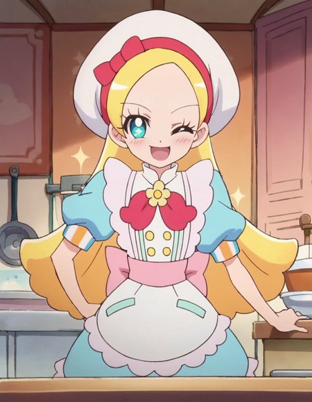 score_9, score_8_up, score_7_up, 1girl, solo, anime screencap, kiraboshiciel, smile, hat,  apron,  looking at viewer,   puffy sleeves, white headwear,  puffy short sleeves, bow, blue dress,open mouth, one eye closed,blush, beret,   cowboy shot,small breasts,<lora:kiraboshiciel:0.8>
