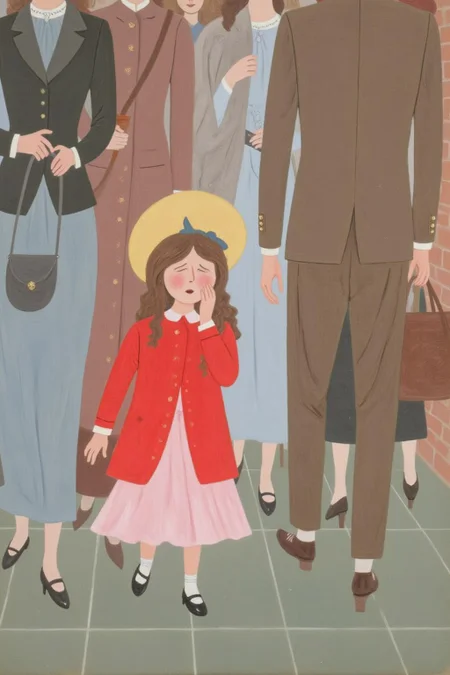 dorislee1 painting.
A scene from a early 20th century, in a public space with a tiled floor and a brick wall on the right. In the foreground, a young girl in a red dress stands out. She is crying because she is lost.
A group of adult are walking by ignoring her.
 <lora:dorislee1_cap_d6a3:1.0><lora:834815787198997086:0>