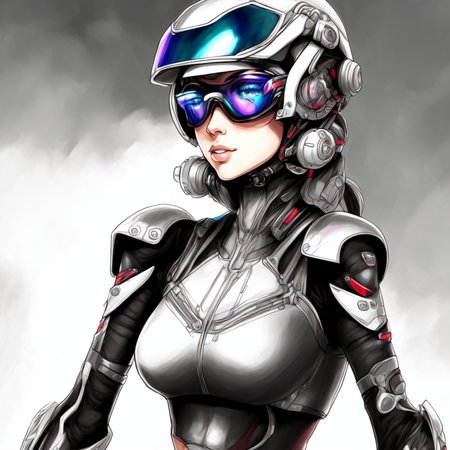 (BionicBikerGirl style:1) a drawing of a woman wearing a helmet and goggles <lora:BionicBikerGirl:1>