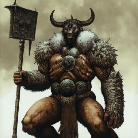 first person pov, 3D01S, simple background atmospheric and powerful dark fantasy, natural organic and first person pov of a berserk style 
towering, imposing warrior with a beastly physique stands ready for battle, exuding raw power and menace. His muscular body is covered in battle-worn, fur-lined armor, revealing patches of leathery, scarred skin underneath. Two wicked horns protrudes from his blackened, demonic helmet, which is adorned with menacing spikes and glowing red eyes that peer out from the shadows. His face is hidden behind a skeletal visage, amplifying his fearsome aura.
In his right hand, he grips a massive, iron Maul, worn with the scars of countless battles, while his left arm bears a thick, iron-forged shield, emblazoned with a raised skull emblem that radiates dark energy. His legs, resembling those of a satyr, are covered in fur and end in hooved feet, emphasizing his inhuman nature. The beast-like warrior's posture is aggressive, his muscles tense, and his expression determined, as if he is ready to charge into combat. His presence alone commands fear, an unstoppable force of darkness and brute strength.
UHD letterboxed game trailer frame chromatic aberration dark atmosphere sharp masterpiece with a focus on the character, elden ring style, dark atmosphere, chromatic aberration