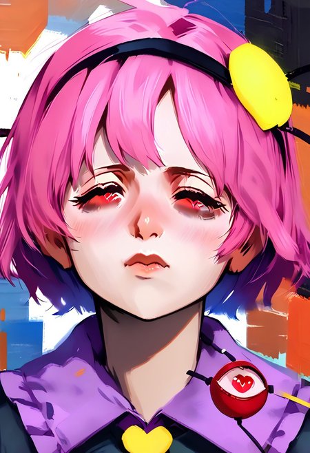 <lora:disco_elysium_v1_pruned:1>, thick outlines, <lora:komeiji_satori_image6571_2023-12-17-000006:1>, painting, painting_\(medium\), painterly, faux traditional media, portrait, artistic, standing in front of window, (mosaic window in background:1.5), front view, high window, 1girl, solo, touhou, satori, komeiji satori, thin lips, pink hair, short hair, heavy bags under eyes, closed eyes, eyes closed, head lowered, black hairband, heart hair ornament,
upper_body, frilled_shirt_collar, long_sleeves, looking_at_viewer, (third eye:1.5), third eye floating, third eye open, bloodshot third eye, third eye staring,
frown, sad mouth,