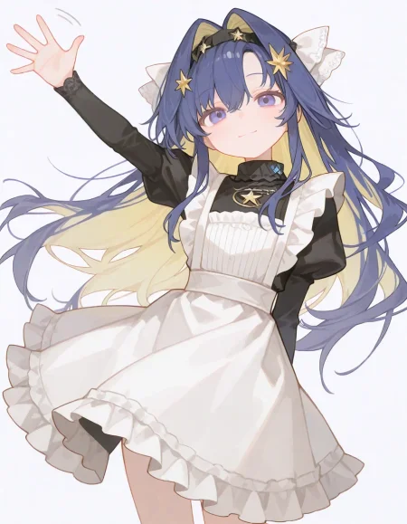 1girl, solo, voyager \(reverse:1999\), waving, smile, 
very awa, masterpiece, best quality, amazing quality, absurd res, hi res, highres,  <lora:NoobV065sHyperDmd:0.3>  <lora:rupetan:0.8>