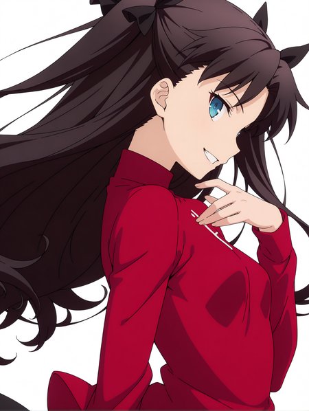 masterpiece,best quality,newest,1girl,solo,
anime screencap,<lora:T_Rin_ilxlv1.3:1>,t_rin,two side up,black hair bow,black hair,blue eyes,r_clothes,turtleneck,long sleeves,red shirt,
<lora:Fixhands_anime_bdsqlsz_V1:1>,simple_background,white background,looking_at_viewer,standing,white_background,profile,upper_body,grin,front view,