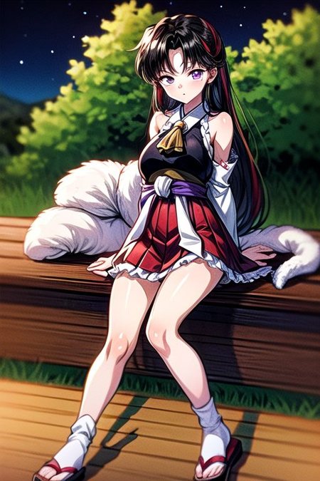 masterpiece,  best quality 1girl Setsun4 solo long hair,  (night time) forest background black hair very long hair purple eyes multicolored hair armor (fur trim) (medium body),<lora:EMS-179-EMS:0.800000>,<lora:EMS-293862-EMS:0.800000>ascot, bare shoulders, black footwear, detached sleeves, embellished costume, frills, japanese clothes, nontraditional miko, red skirt, sandals, sarashi, skirt, socks, armor, miko
