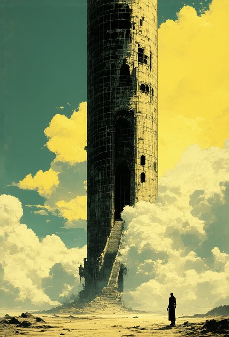halftone comic, dark fantasy art, concept for a comicpanel, a surreal depiction of a tall, cylindrical structure resembling a castle, positioned in the center of the frame, the structure is intricately designed with a grid pattern, and it is surrounded by fluffy, yellow clouds in the background, in the foreground, a humanoid figure with a slim body is positioned on top of the structure, positioned slightly off-center to the right, the figure's face is not visible, but its body is not fully visible, the entire scene is set outdoors, with a vast, open landscape and a clear sky visible in the distance, the overall atmosphere is one of surrealism and fantasy