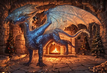 Dragon in Christmas cave, cave, festive cave, Christmas decorations, Christmas lights
(((Sparkling, Sparkly))) glowing dragon, christmas dragon, dragon wrapped in Christmas lights, glowing matrix, glowing Christmas lights, hyper realistic, photorealistic, HD, High detail, High detail eyes, high detail face, wings, glowing wings, light scales, glowing Christmas lights on wings, glowing light scales, tail, tail wrapped in Christmas lights, four legs, 
BREAK 
Snowy background