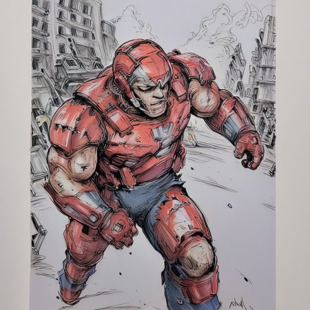 Evang, kimjunggi,traditional media, monochromatic,  Iron Man standing in a destroyed city street with torn clothing, scars, scratches, battle damaged suits, tactical armor, muscular, menacing look, Batmobile to the left in the background