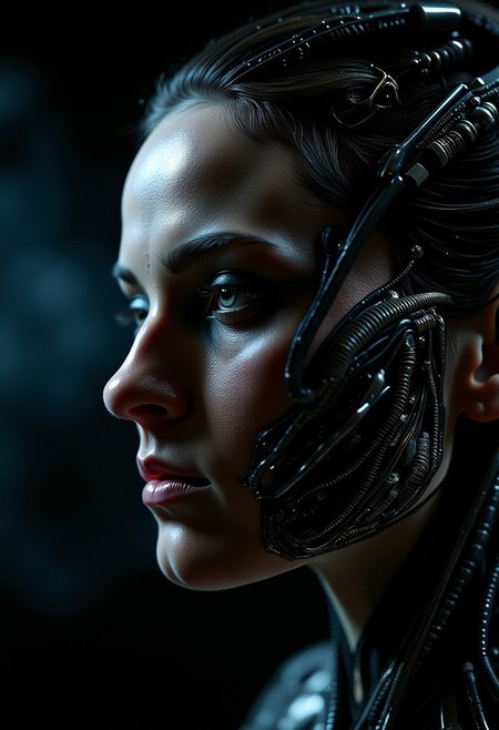 Close up face, (hybrid ethereal host - cybernetic woman). Eerie, moody atmosphere, (biomechanical details), intricate metal textures, surreal and haunting vibes, illuminated by soft, otherworldly light, shadowy background with faint glimmers, hyperdetailed design, enigmatic presence, striking contrast between light and darkness, visually compelling composition, (4K), ultra-detailed artistry. cyberpunk. sinfully stylish, dramatic light, style of H. R. Giger,