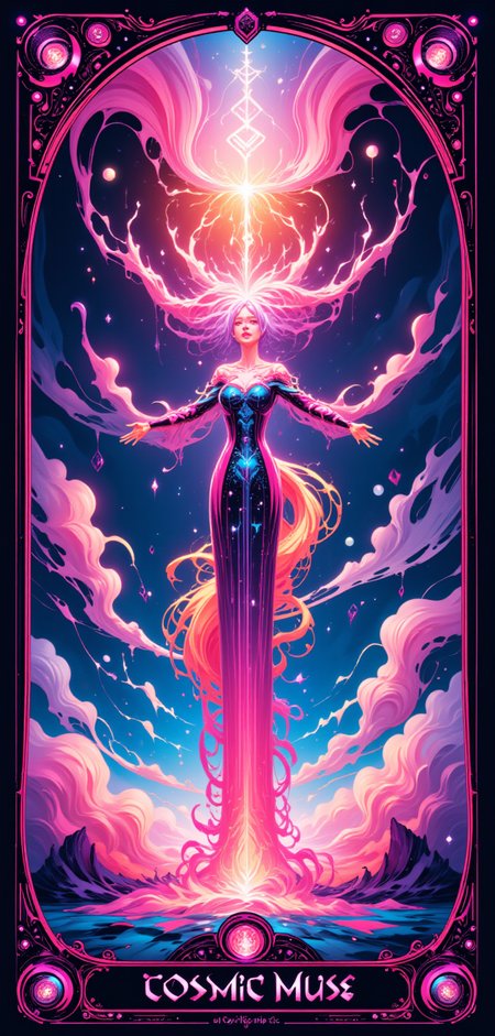 "A stylized Tarot card titled 'The Cosmic Muse,' featuring a graceful, otherworldly figure draped in a gown of shimmering stardust, floating above a sea of neon clouds. The Muse is surrounded by a halo of vibrant, pulsating light, her arms outstretched as she conjures holographic symbols and glowing, celestial patterns from the air. Her hair flows like liquid light, merging with the surrounding cosmic energy. The background is a dreamscape of swirling, technetic patterns and soft, radiant colors, evoking a sense of creativity and inspiration. The border of the card is intricately designed with a blend of floral motifs and advanced circuitry, glowing in a vibrant yet soft palette of pinks, blues, and purples."
<lora:abstract_render_flux:0.4>,<lora:Painted_World_Flux:0.8>,<lora:Dreamwave_FLUX:0.6>,<lora:dreamlands_flux:0.6>,