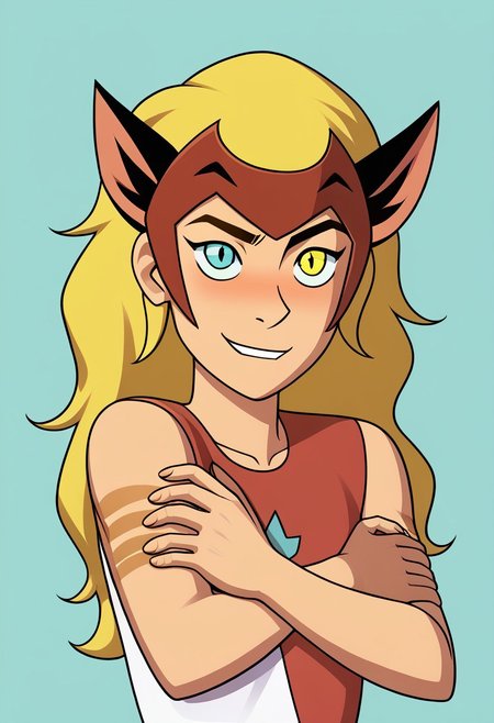 ((flat colour, solo,)) CHShRa, RAOutfit, upper body shot BREAK size difference CHCatra, CATBig Hair, hugging body, looking up at other figure, CASleeveless Outfit, CAHead Ornament,