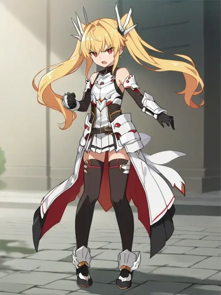 <lora:viopriserenapony:1>,
score_9, score_8_up, score_7_up, source_anime, 2d, anime_screencap, 1girl, solo, serenavp, blonde hair, long hair, twintails, red eyes, hair ornament, armor, bare shoulders, gloves, waist cape, black thighhighs, black footwear, standing, serious, outdoors, open mouth, dynamic pose