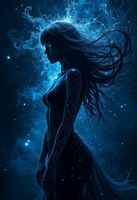 The scene is set against a profound and mysterious backdrop of deep blue-black tones, as if an endless expanse of cosmic space. In this almost pure color, there are subtle interweavings of geometric shapes and flowing lines. These lines and shapes constitute the core of abstract art, representing the complexity and diversity within the inner world of the idol girl.

At the center of the image is a figure of an idol girl, her silhouette decomposed into several layers, each layer presenting her posture from a unique perspective. Her hair flows like liquid mercury, reflecting the light and colors of the surrounding space, filling the entire canvas with dynamism and vitality.

The girl's arms are wrapped with geometric patterns that constantly change form in response to changes in the background, symbolizing the infinite possibilities of her emotions and thoughts in different environments. Her eyes — also a focal point of the image — are depicted as deep black but contain sparks of light, like stars emerging from the depths of the sea.

Around the girl, there are circles of soft lines that intertwine and form a rhythm akin to music. These lines represent not only the idol girl's pursuit of beauty but also symbolize her unique artistic style and personality.

8k,uhd,hdr,best quality,hyper detail,ray tracing,cinematic feel,professional photography lighting.

midjourneyv6.1.