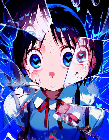 score_9,score_8_up,score_7_up,high quality,highres,masterpiece,colorful,abstract background,abstract,((hearts)),((hearts)),tears,IncrsXLBrknGls,broken glass,reflection,upper body,about to go insane,looking at viewer,wide-eyed,eye focus,from above,heart-shaped pupils, Nano Shinonome, Black hair, Short twin tails, Large winding key on back, Blue eyes, Fair skin, Red ribbon hair ties, School uniform, White socks, Brown loafers, shinonome nano