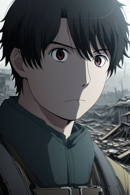 high resolution, solo, best quality, 1Boy, Portrait, Inaho Kaizuka, Black Hair, shallow depth of field, Post-Apocalyptic, survival,