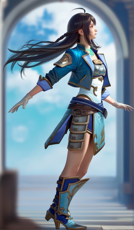 score_9,score_8_up,score_7_up,
<lora:xinxianying:0.9>,xinxianying,
highres,photorealism,bloom,
1girl,solo,long black hair,bangs,ahoge,
yellow eyes,
blue short jacket,silver chest armor,metal shoulder guard,white and cyan dudou,blue belt,brown belt,tassets,blue and cyan overskirt,rope choker,white gloves,
armor knee boots,
full body,
blurry background,
indoors,
blue sky,cloud,in air,
light particlest,Lens Flare,