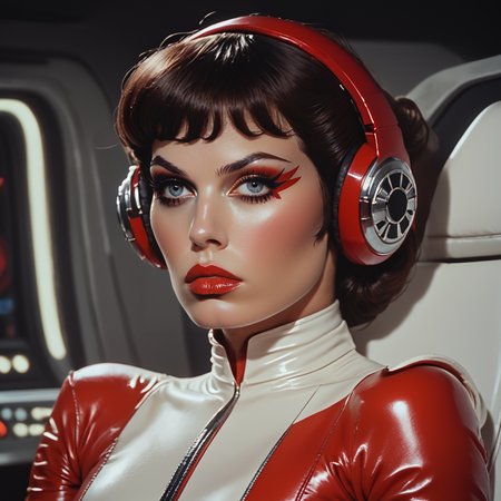 Score_9, score_8_up, score_7_up, score_6_up, BREAK  <lora:70sSci-FiMoviePony:1>  ArsMovieStill, movie still from a 1970s technicolor Sci-Fi movie, The image is a close-up portrait of a woman wearing a futuristic outfit. She is sitting on a white chair with a futuristic design in the background. The woman is wearing a red and white suit with a high neckline and long sleeves. She has short dark hair styled in a bob with bangs and is wearing large round red headphones with white ear cushions. Her makeup is dramatic and dramatic with dark eyeliner and red lipstick. She appears to be looking off to the side with a serious expression on her face. The overall mood of the image is futuristic and futuristic., 1girl, solo, brown hair, headphones, realistic, shiny, short hair, shiny clothes, bodysuit, lips