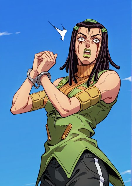 (jojo:0.4), 3rme5, 1girl, ermes costello, solo, dreadlocks, green lipstick, shocked expression, sleeveless, orange turtleneck sweater, green jacket, black sports trackpants, upper body, \(jojo\), <lora:Jojos_Bizarre_Adventure_Ermes_Costello_-_IL:0.7> blue sky background, wearing handcuffs, bloodied face and arms