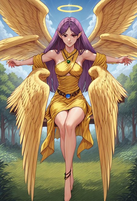 YGOWingW, 1girl, duel monster, angel, purple hair, long hair, red eyes, pointy ears, yellow dress, yellow scarf, belt, rings, blue gem, necklace, green gem, anklet, halo, wings, angel wings, multiple wings,
uncensored, score_9__up, score_9, score_8_up, score_8, score_7_up, score_7, score_6_up, score_6, score_5_up, source_anime, anime screencap, anime coloring, highres, Rating_safe, safe_pos
bare shoulder, breasts, bare feet, toes
smug, sitting, crossed legs, outdoors, 1girl, bench, trees, sky, clouds, sun, looking at viewer, day, forest