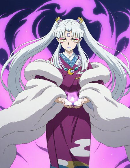 general,highres, ultra-detailed,very aesthetic,best quality ,best hands,  BREAK  <lora:Sesshomaru_no_Haha_IS:1>
Sesshomaru_no_Haha,pointy ears, japanese clothes, 1girl,solo, facial mark, kimono, white hair, long hair, 
yellow eyes, makeup, lipstick, forehead mark, crescent, necklace, fur, jewelry, purple lips, ponytail, twintails, fur trim, anime coloring, hair ornament, wide sleeves,
full body, aura, aura effect, cowboy_Shot,